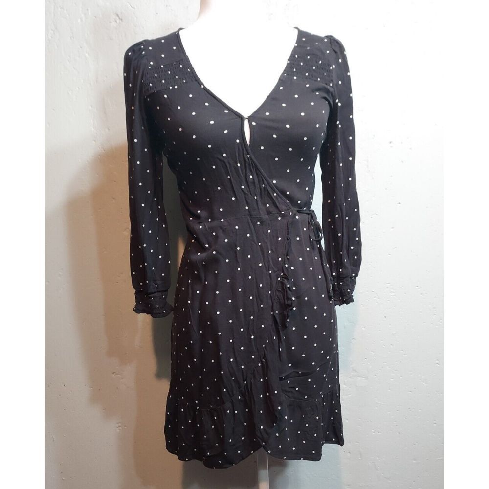 American Eagle Sm‎ V Neck Wrap Dress 3/4 Sleeve Ruffle Black Polkadot Short Mini